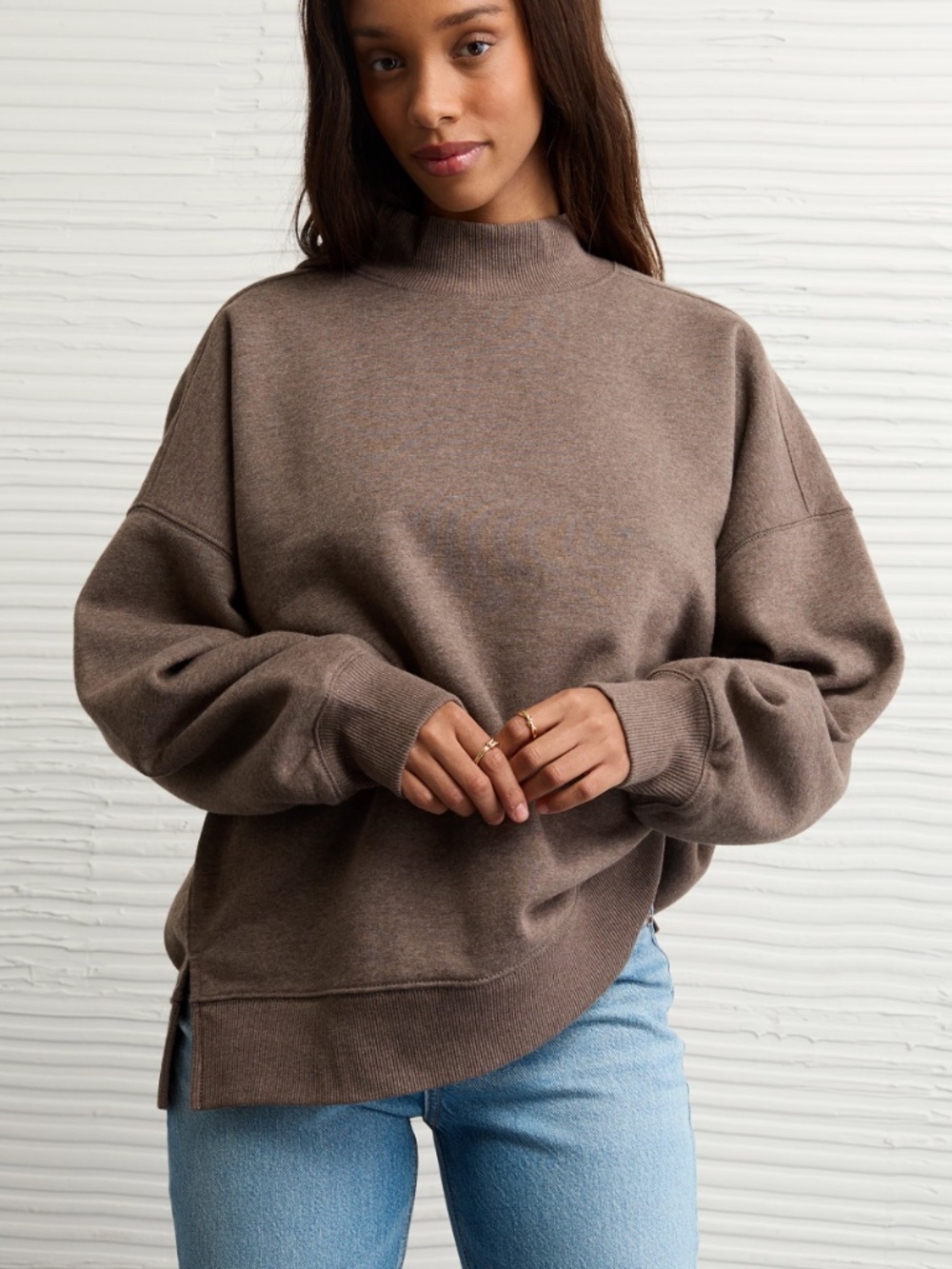 American Eagle Everyday Luxe Oversized Mock Neck Sweatshirt, Chocolate Brown XS